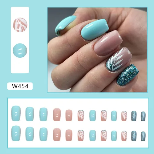Vista 4 de Uñas postizas cortas cuadradas con forma de ataúd, cobertura completa, reutilizables, con pegamento, uñas adhesivas con diseños de hojas blancas
