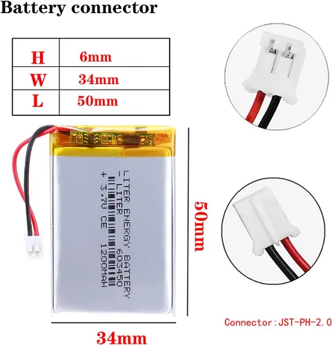 Vista 2 de Liter 3.7V 1200mAh 603450 batería recargable de iones de polímero de litio con conector JST 0.079 in