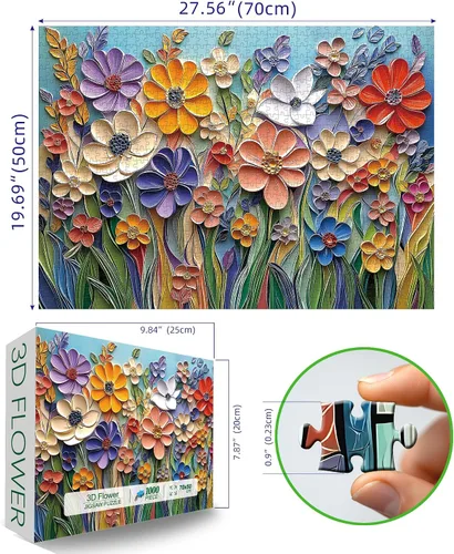 Vista 2 de MINIWAN Rompecabezas de 1000 piezas de arte de papel con plumas 3D para jardín de flores 27.5 x 19.7 pulgadas, letras en la parte posterior