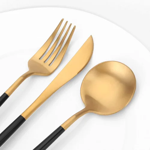 Vista 3 de Vanys - Juego de cubiertos dorados mate con mango negro, juego de cubiertos de acero inoxidable de 20 piezas, juego de utensilios de cocina para 4