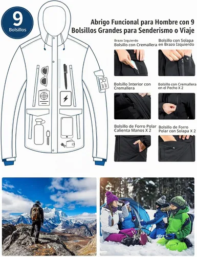 Vista 6 de Pioneer Camp Abrigo de invierno para hombre, impermeable, con forro polar, chaqueta de invierno cálida con 9 bolsillos, aislada, resistente al