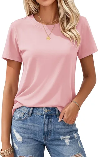 Vista 23 de MAGCOMSEN Camisetas de algodón para mujer de manga corta con cuello redondo, camisetas de ajuste clásico y transpirables de verano a1-Negro