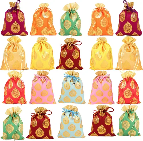 Vista 15 de Touchstone Bolsas de cordón tradicionales indias hechas a mano en tejido brocado con patrón de hojas de ficus. Perfecto para regalos, joyas, bodas
