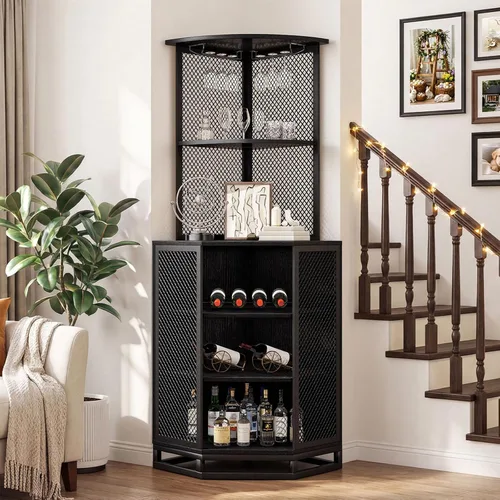 Vista 6 de IBF Armario esquinero de 71 pulgadas de alto para vino con soporte para vidrio, almacenamiento de licor industrial de 5 niveles con estante