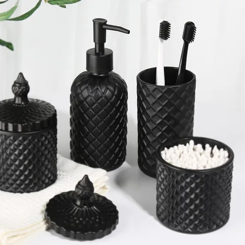 Vista 6 de RYTOXILO Juego de accesorios de baño negro mate, paquete de 4 juegos de accesorios de baño negros, dispensador de jabón de vidrio de diamante