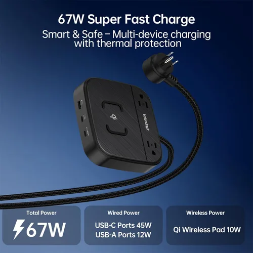 Vista 3 de Estación de carga Teleadapt 67W, estación de carga para iPhone 6 en 1 con puerto USB Wireless Charging, 2× AC Outlets, Desktop/Bedside/Nightstand