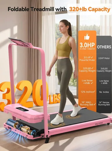 Vista 3 de ANCHEER Walking Pad with Incline - Foldable Treadmill with Handle Bar 01-rosa