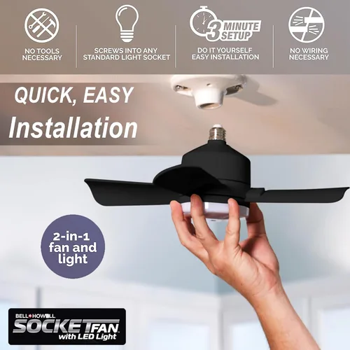 Vista 2 de Bell+Howell Socket Breeze Deluxe, Small Ceiling Fan with LED Light and Remote, Adjustable Speeds and Brightness, Light Socket Fan for Bedroom Negro