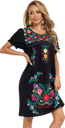 Vista 6 de YZXDORWJ Vestido bordado mexicano de manga corta para mujer 222BK