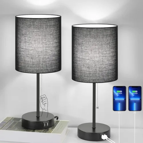 Vista 13 de Juego de 2 lámparas de mesa con puertos de carga USB, lámparas de noche blancas con salida de CA, lámparas de mesita de noche con interruptor