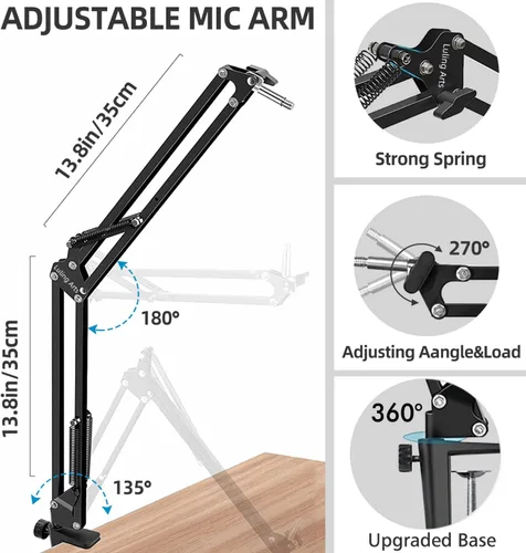 Vista 5 de Soporte de micrófono para Blue Yeti, soporte de micrófono de tijera Quadcast con brazo de boom, parabrisas y filtro pop de pantalla doble capa