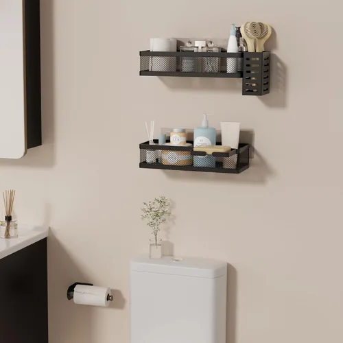 Vista 7 de PUSDON Paquete de 2 Cestas Colgantes de Pared de Metal para Montaje DIY Adecuadas para Múltiples Escenarios - Malla Negra Media