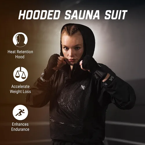 Vista 3 de Hayabusa Traje de sauna con capucha Pro Boxing para hombres y mujeres, incluye chaqueta y pantalones de tela recubierta de PVC de nailon