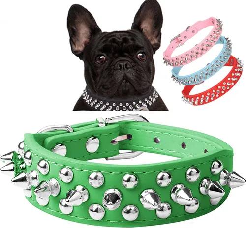 Vista 10 de Serijoars Collar para perro con tachuelas, de piel sintética suave con clavos de hongos, ajustable, para cachorros (XS, Negro)
