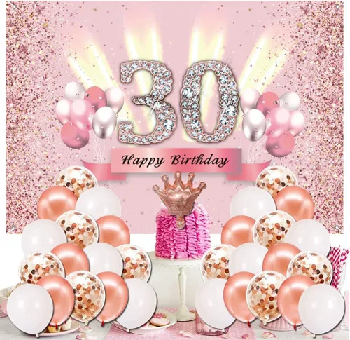 Vista 5 de Decoraciones de cumpleaños número 30 para mujer, cartel de fondo de feliz cumpleaños 30, cartel de tela para fiesta de aniversario de 30 años