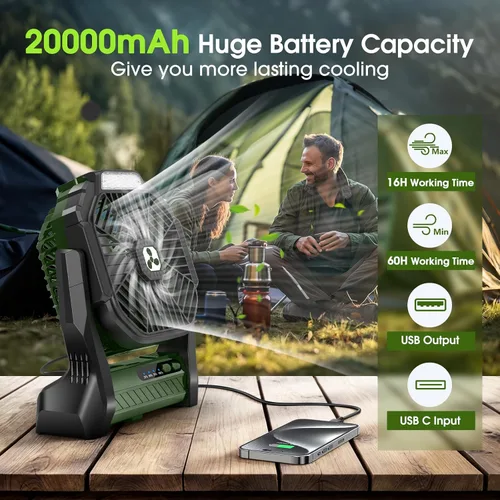 Vista 2 de Ventilador Portátil Recargable, 20000mAh Ventiladores Inalámbricos con Batería para Tienda de Campaña con Linterna LED, Pequeño Ventilador Exterior