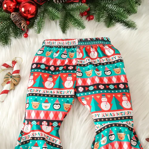 Vista 5 de Traje de Navidad para bebé niña, camisa de manga larga, vestido con volantes, leggings para niños, pantalones acampanados, bufanda, disfraz de Papá