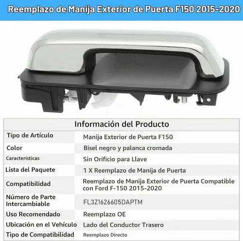 Vista 3 de Moonlinks - Manija de puerta trasera izquierda compatible con Ford F150 2015-2020 F150 Left Rear Door Handle Replacement Chrome Palanca cromada.