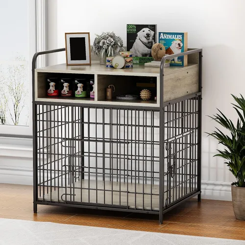 Vista 10 de Muebles de jaula para perros pequeños, perrera de interior, mesa de madera para perros con cajones de almacenamiento, jaula resistente para perros