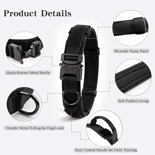 Vista 2 de Collar táctico para perro, ajustable, militar, de nailon, con asa de control y hebilla de metal resistente para perros medianos y grandes (negro, S)