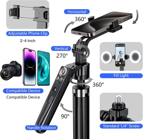 Vista 6 de Trípode para selfie stick de seguimiento automático de cara para iPhone con luz, soporte de trípode para cámara de teléfono de 70.9 pulgadas