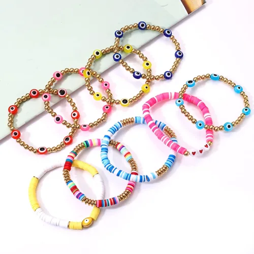 Vista 66 de Surfer Heishi - Pulseras apilables para mujer, apilables, de vinilo arcoíris, disco de arcilla, pulseras elásticas para la amistad, joyería bohemia