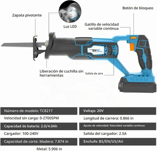 Vista 2 de NEWONE Herramienta de corte de sierra recíproca de 20 V con cargador de 2.5 A, luz de trabajo LED, cambio de hoja sin herramientas, 7 hojas