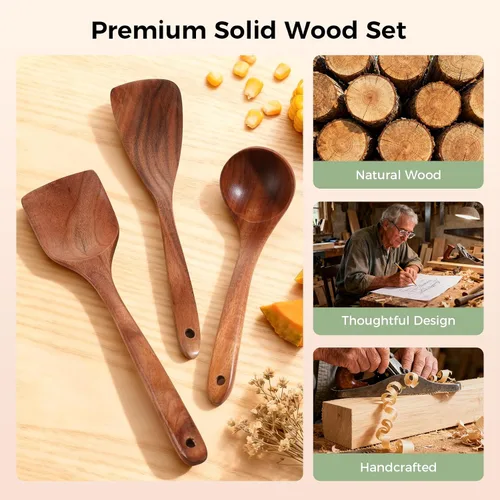 Vista 6 de Cucharas de Madera para Cocinar - Juego de 7 Piezas de Utensilios de Cocina de Madera, Juego de Utensilios de Madera de Teca Natural Suave