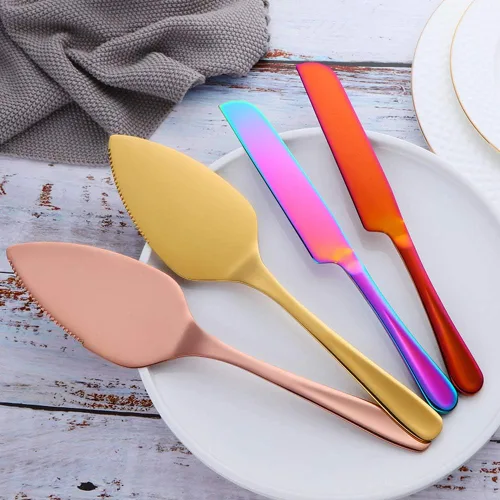 Vista 2 de Pastel de boda cuchillo y pala, Acero Inoxidable Arco Iris Espátula Herramienta de Hornear Pastel Sever Mantequilla Cuchillos Para Pie/Pizza/Queso