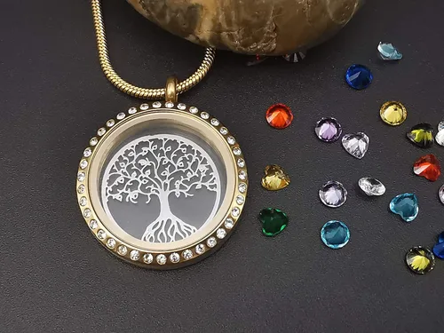 Vista 5 de GOKING Collar de árbol de la vida, colgante flotante con 24 piedras de nacimiento para mujeres y niñas, colgante redondo de acero inoxidable