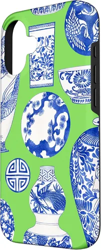 Vista 2 de Blue Willow Chinoiserie Pagoda Ginger Jar Preppy Blue Green Case para iPhone 16