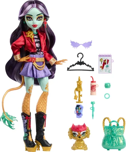 Vista 5 de Monster High Jinafire muñeca larga, Dragón con perro mascota Cloudy “Yun Yun” y 7 accesorios como libreta, bebida de yogur, mochila y más