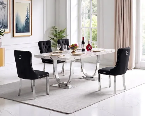 Vista 9 de Henf Mesa de comedor rectangular de mármol sintético blanco de 70 pulgadas Blanco & Oro