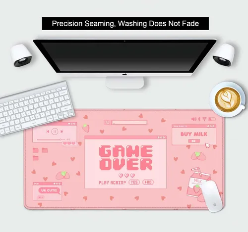 Vista 3 de Tapete de escritorio con leche de fresa, Kawaii rosa pastel, tapete de escritorio para juegos para juegos, lindas alfombrillas grandes para mouse