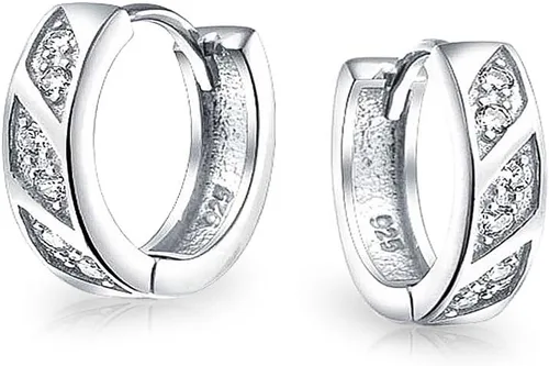 Vista 4 de Elegant Cubic Zirconia CZ Accent Stripe Criss Cross Twist OXOX Huggie Small Hoop Earrings For Women Men 14K Gold Plated .925 Sterling Silver