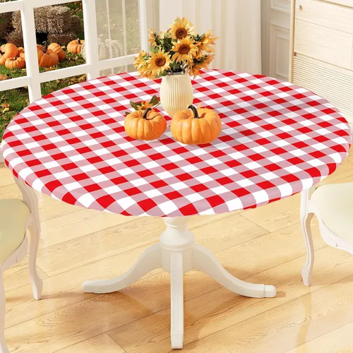 Vista 18 de misaya Mantel redondo ajustable con borde elástico, mantel de vinilo impermeable a cuadros de búfalo con parte trasera de franela para mesas Cuadros