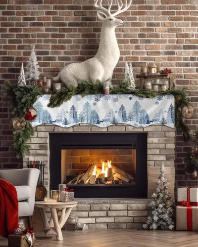 Vista 3 de Mantel con diseño de copo de nieve azul para chimenea de Navidad, bufanda para repisa, estola para estantes, renos, alces, nieve, bosque, cubierta