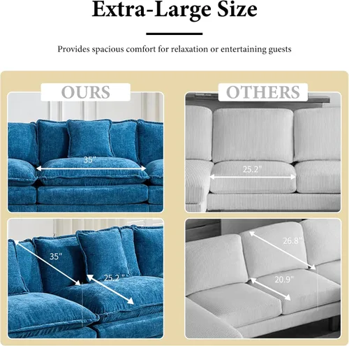 Vista 60 de Sofá seccional modular verde de 111.5", sofás seccionales grandes de 3 plazas para sala de estar, sofá nube oversized de tela chenille con otomana