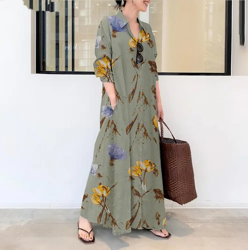 Vista 2 de TIAFORD Vestido largo casual de lino de algodón con botones para mujer, manga larga, con solapa, holgado, talla grande, con 2 bolsillos