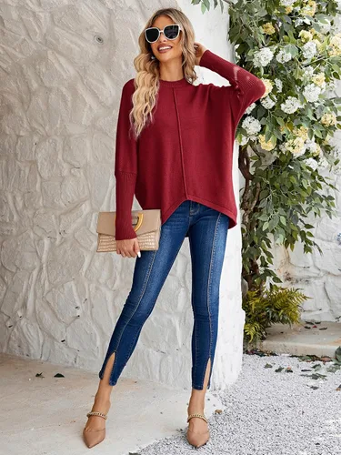 Vista 3 de Miessial Suéter largo de punto de gran tamaño para mujer, manga murciélago, cuello redondo, suéter ligero tipo túnica