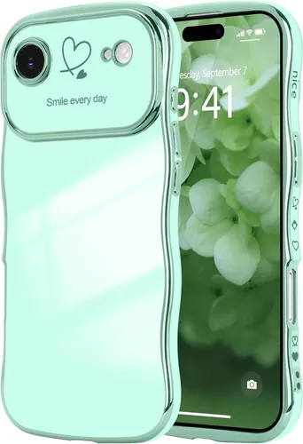 Vista 70 de LCHULLE - Funda para iPhone Air, linda para mujeres y niñas, con forma de onda, color azul bebé Luxury Plating Curly Wavy Frame with Love Heart