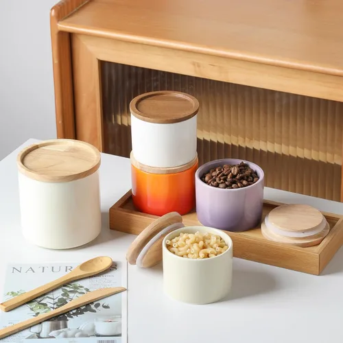 Vista 3 de Recipientes de cocina Sweejar, tarro de almacenamiento de cerámica para alimentos, recipientes apilables con tapa hermética de madera para servir