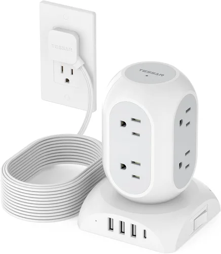 Vista 9 de Protector de sobretensiones negro en torre, TESSAN - Cable de extensión con enchufe plano de 10 pies con 8 salidas de CA y 4 puertos USB (1 USB C)