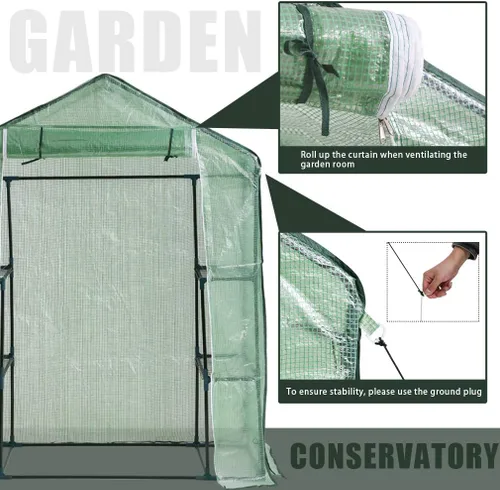Vista 4 de FDW Mini invernadero portátil para interiores y exteriores, 4.9 pies de largo x 2.4 pies de ancho x 6.4 pies de alto, estantes para plantas, toldo