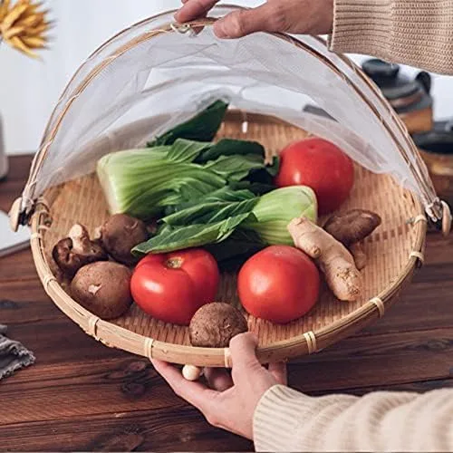 Vista 3 de Cesta redonda de bambú con tapa, verduras/frutas, pan, cesta de almacenamiento (11.8 pulgadas de diámetro)