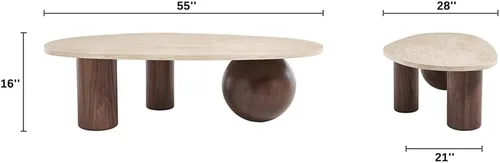 Vista 2 de Mesa auxiliar ovalada moderna de 55 pulgadas, patas de diseño de nogal y mesa curva con acabado de mármol sintético, mesa central de sofá de madera