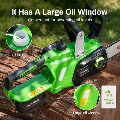 Vista 5 de Motosierra inalámbrica sin escobillas de 20 V de 12 pulgadas, sierra alimentada a 3000 RPM con batería de 4 Ah y cargador rápido, engrasador