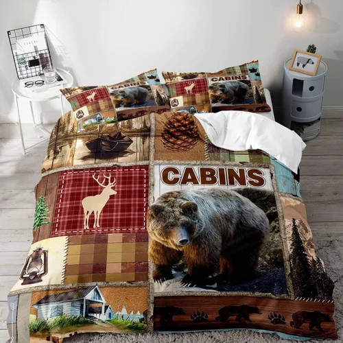 Vista 17 de LUVIVIHOME 2 piezas de funda de edredón con diseño de osos, alces y ciervos en negro, juego de cama individual, ropa de cama rústica de estilo La