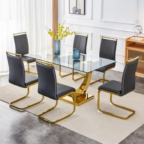 Vista 35 de Juego de mesa de comedor de 63 pulgadas para 4, juego de mesa de comedor dorado moderno para 4, juego de mesa de cocina de mármol sintético