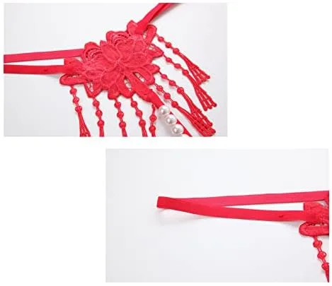 Vista 2 de Tangas de encaje sexy con borlas de perlas para mujer, ropa interior de tiro bajo con espalda en T
